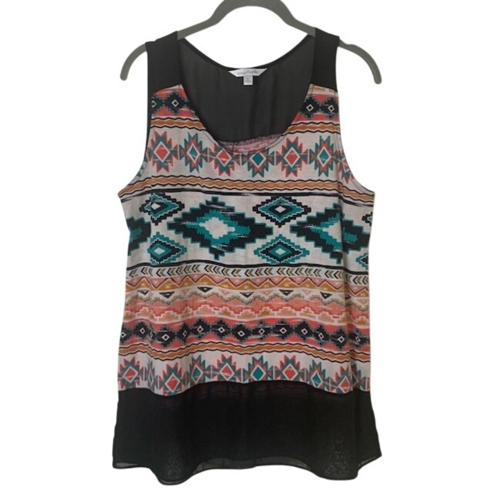 Aztec Print Tank Top Size Large Black Sheer Mesh Detail Whimsigoth Festival EUC